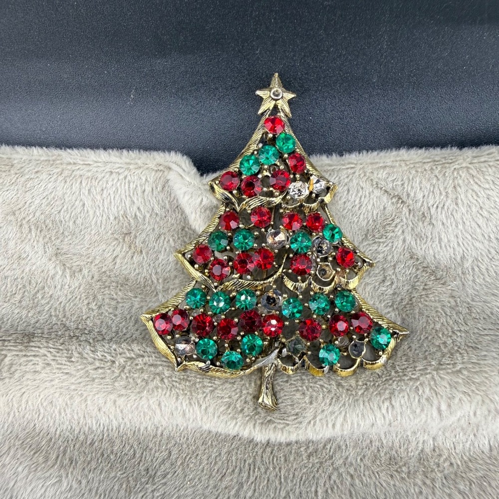 Vintage Weiss Brooch Gold Tone Christmas Tree Rhinestone Holiday READ